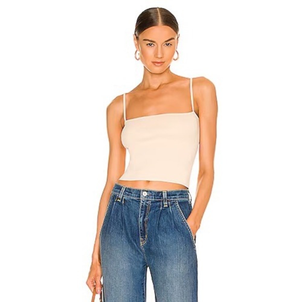 A.L.C. Women Beige Ribbed Knit Square Neck Camisole Cropped Tank Top Small